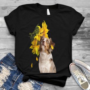 Australian Dog Animal Image Dog Enjoying Flower,sunflower Image, Australian Shepherd Image, A Beautiful Sunflower, Pet And Flower Mixed