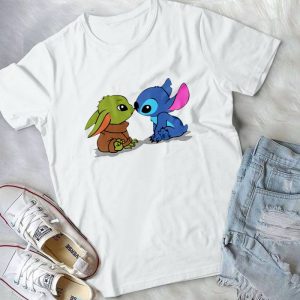 Cute Baby Yoda And Stiiitch Chibi Handmade Shirt
