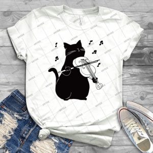Chat Noir Jouant Violon Cadeau De Musicien Drãƒâ´le - Vintage Men's Shirt Tshirt For Women Classic Handmade Shirt Retro Graphic Tee