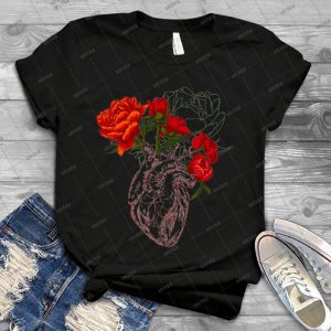 Drawing Human Heart With Flowers 68 - Vintage Mens Shirt Tshirt For Women Classic Handmade Shirt Retro Graphic Tee