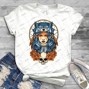 Girl With Wolf Headdress Design 51 - Vintage Men's Shirt Tshirt For Women Classic Handmade Shirt Retro Graphic Tee