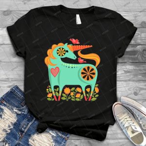 Happy Unicorn In Turquoise By Robin Pickens 44 - Vintage Men's Shirt Tshirt For Women Classic Handmade Shirt Retro Graphic Tee