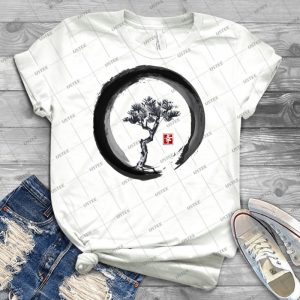 Japanese Pine Tree In Enso Zen Circle-Vintage Japanese Ink - Best Unisex Trending Handmade T-shirt Gift Idea For Men T-shirt For Woman