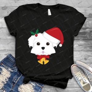 Maltese Dog With Red Santa S Hat Funny Xmas Tshirt - Vintage Men's Shirt Tshirt For Women Classic Handmade Shirt Retro Graphic Tee