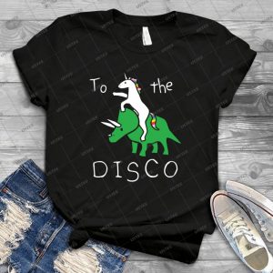 To The Disco - White Text - Unicorn Riding Triceratops 56 - Vintage Men's Shirt Tshirt For Women Classic Handmade Shirt Retro Graphic Tee