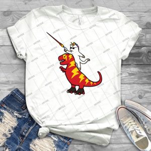 Unicorn Cat Riding Lightning T-Rex 34 - Vintage Men's Shirt Tshirt For Women Classic Handmade Shirt Retro Graphic Tee