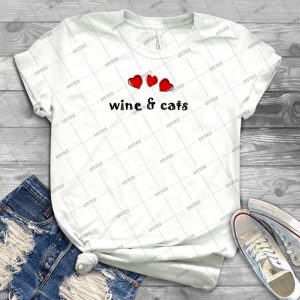 Wine & Cats - Vintage Men's Shirt Tshirt For Women Classic Handmade Shirt Retro Graphic Tee